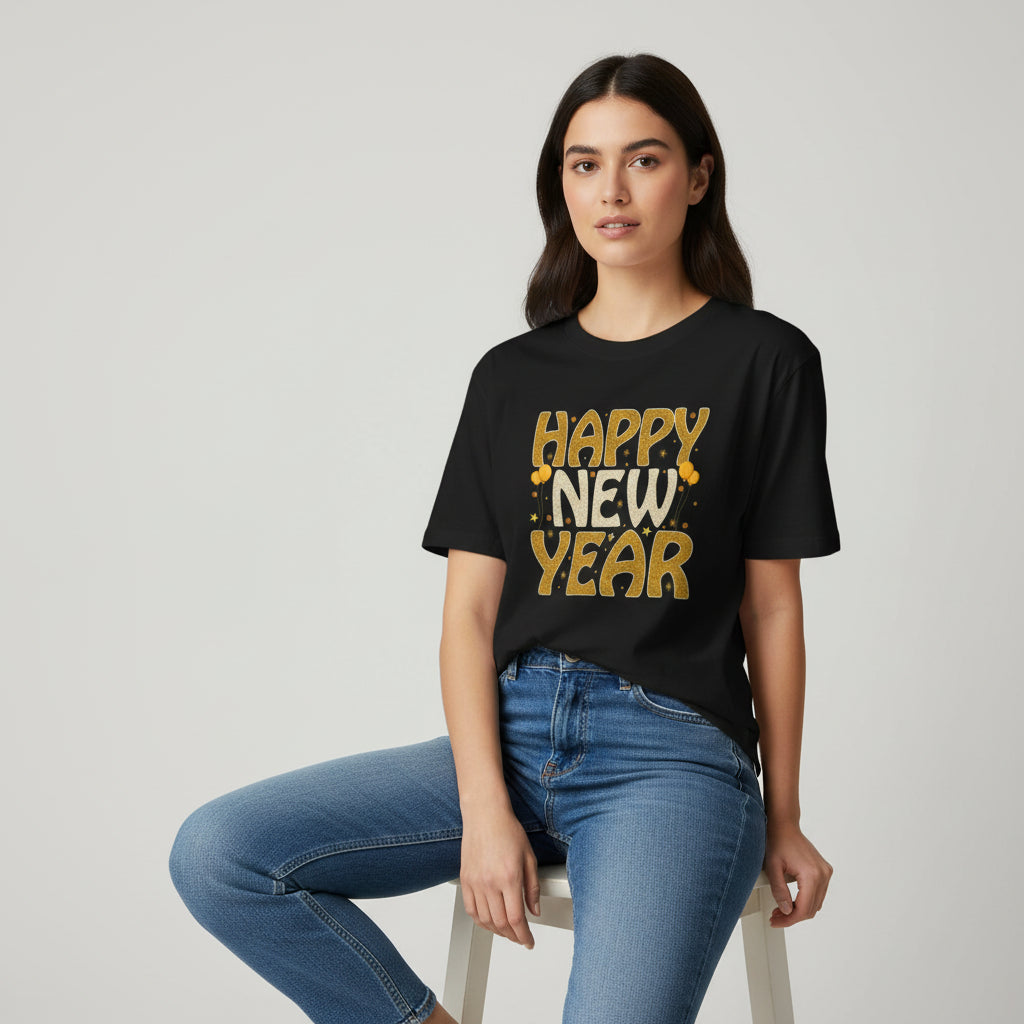 Happy New Year Gold Typography Unisex Black T-Shirt-B Unique Fashions