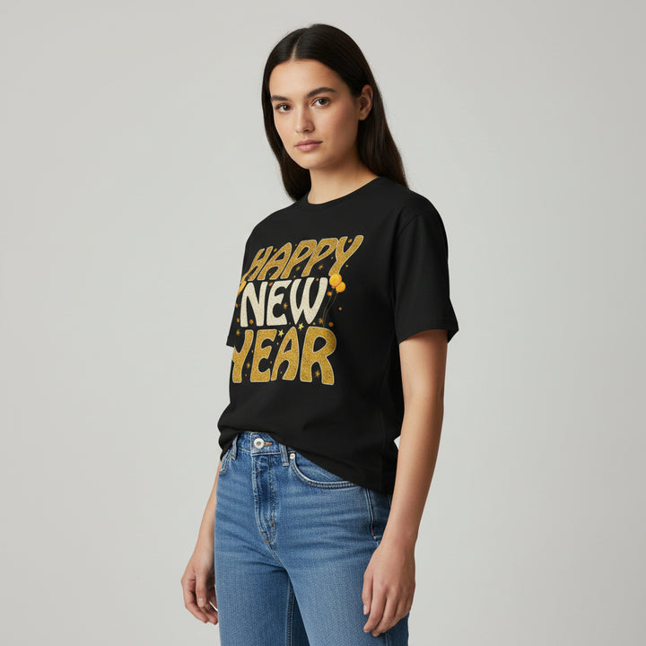 Happy New Year Gold Typography Unisex Black T-Shirt-B Unique Fashions