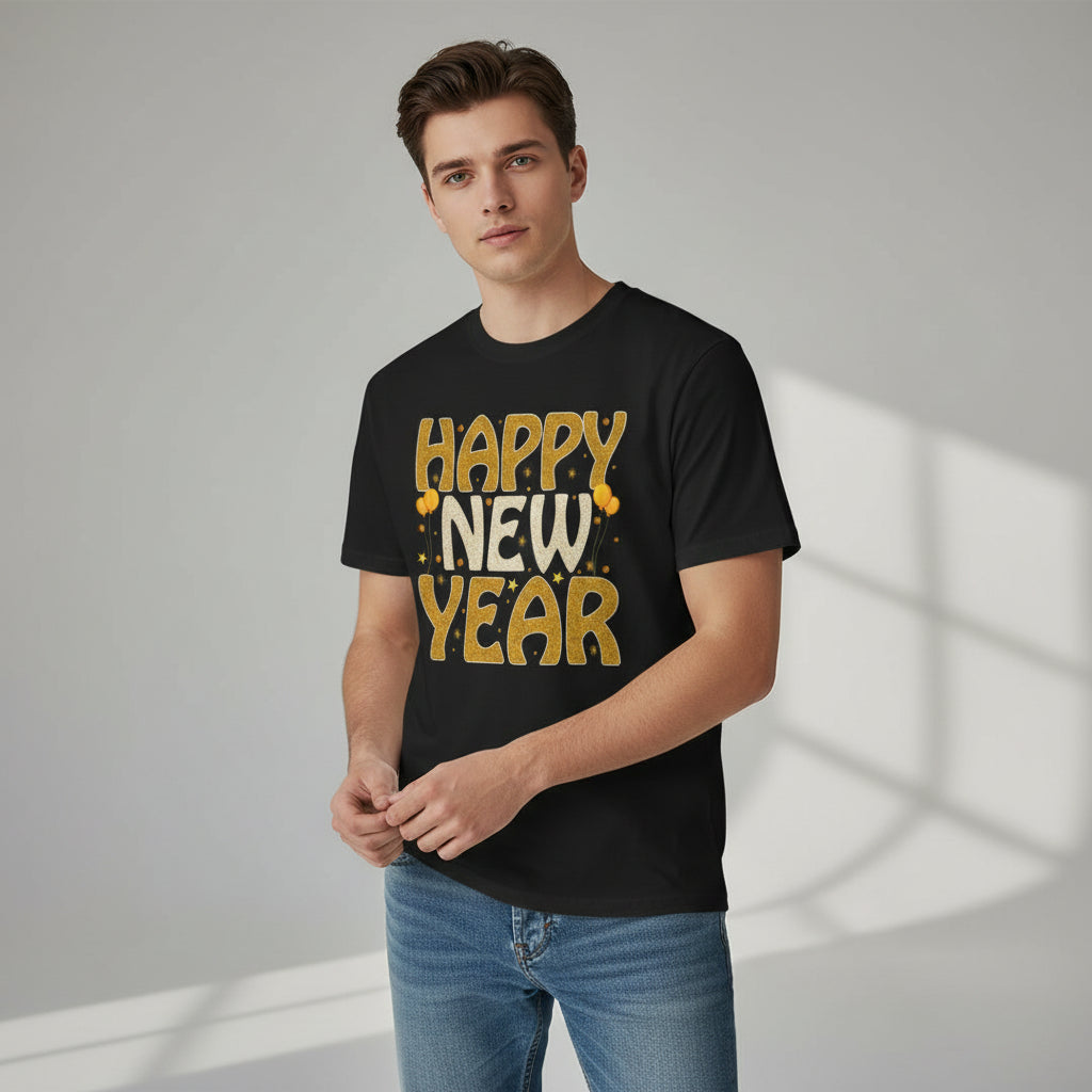Happy New Year Gold Typography Unisex Black T-Shirt-B Unique Fashions