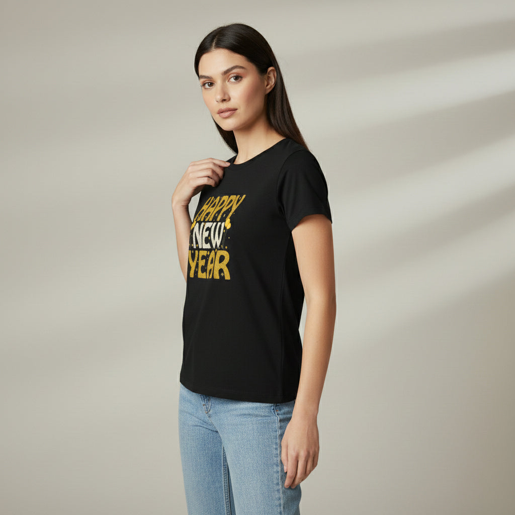 Happy New Year Gold Typography Unisex Black T-Shirt-B Unique Fashions