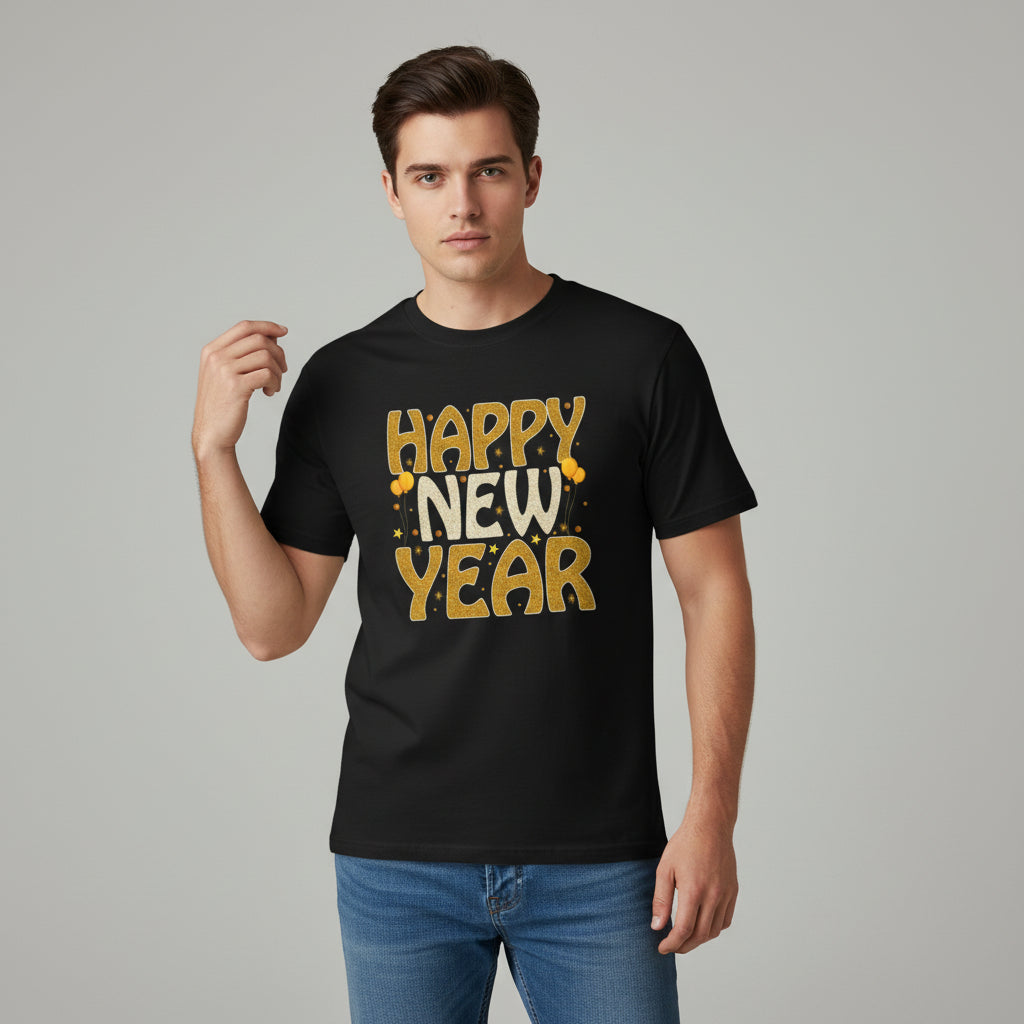 Happy New Year Gold Typography Unisex Black T-Shirt-B Unique Fashions