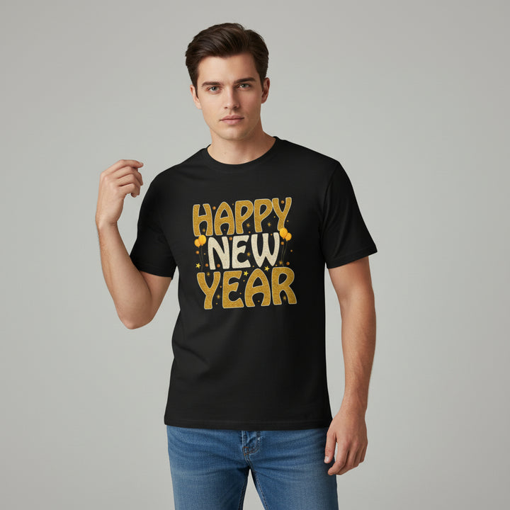 Happy New Year Gold Typography Unisex Black T-Shirt-B Unique Fashions