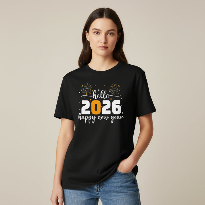 Hello 2026 Happy New Year Unisex Black T-Shirt-B Unique Fashions