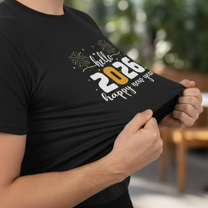 Hello 2026 Happy New Year Unisex Black T-Shirt-B Unique Fashions