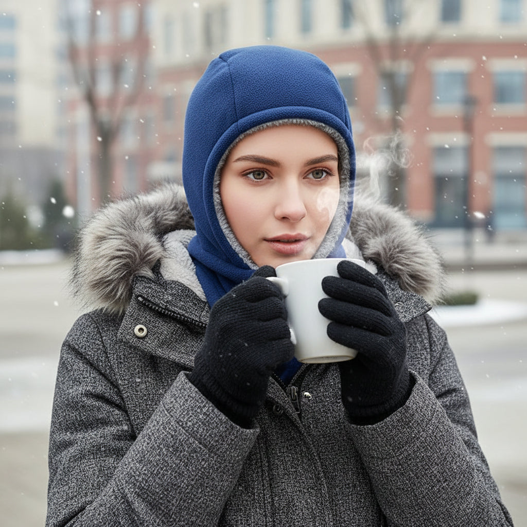 Hooded Fleece Scarf Face Mask Thermal Head Cover Hat-B Unique Fashions