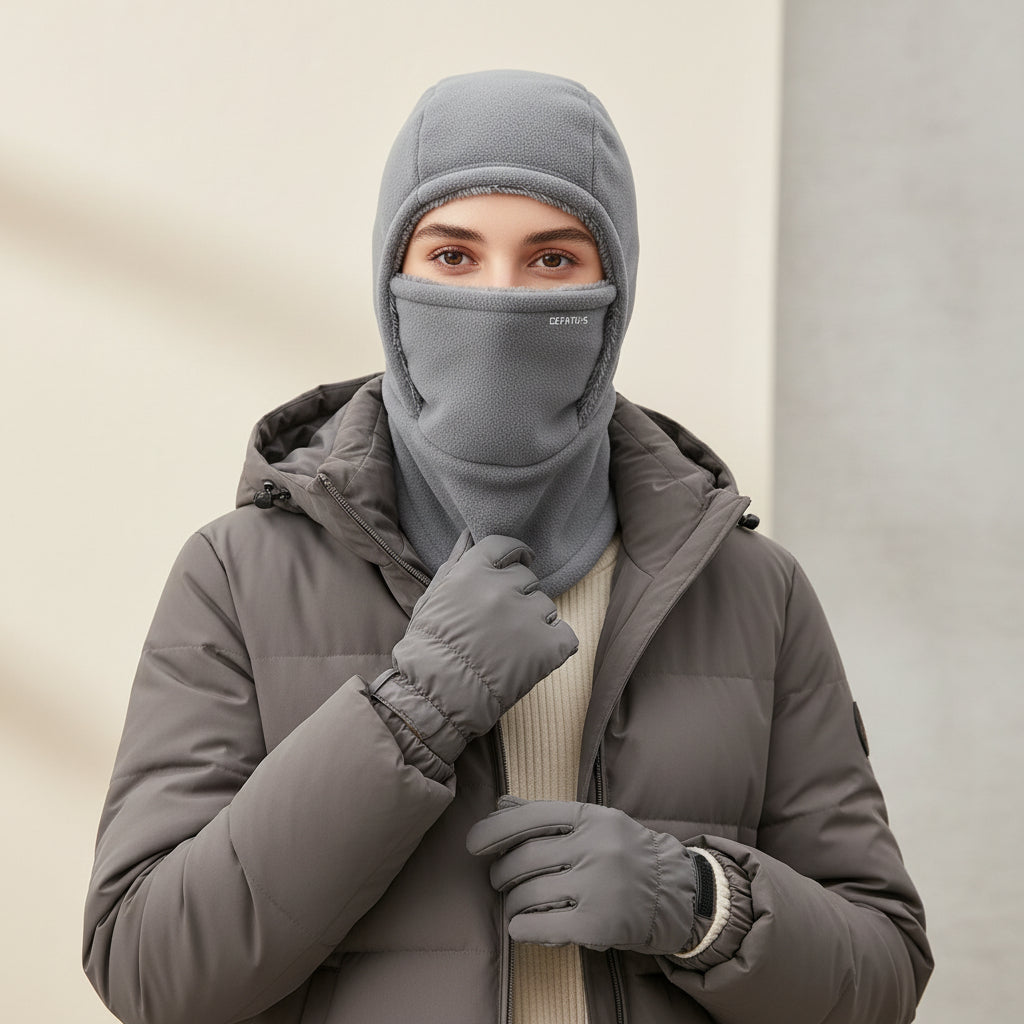 Hooded Fleece Scarf Face Mask Thermal Head Cover Hat-B Unique Fashions