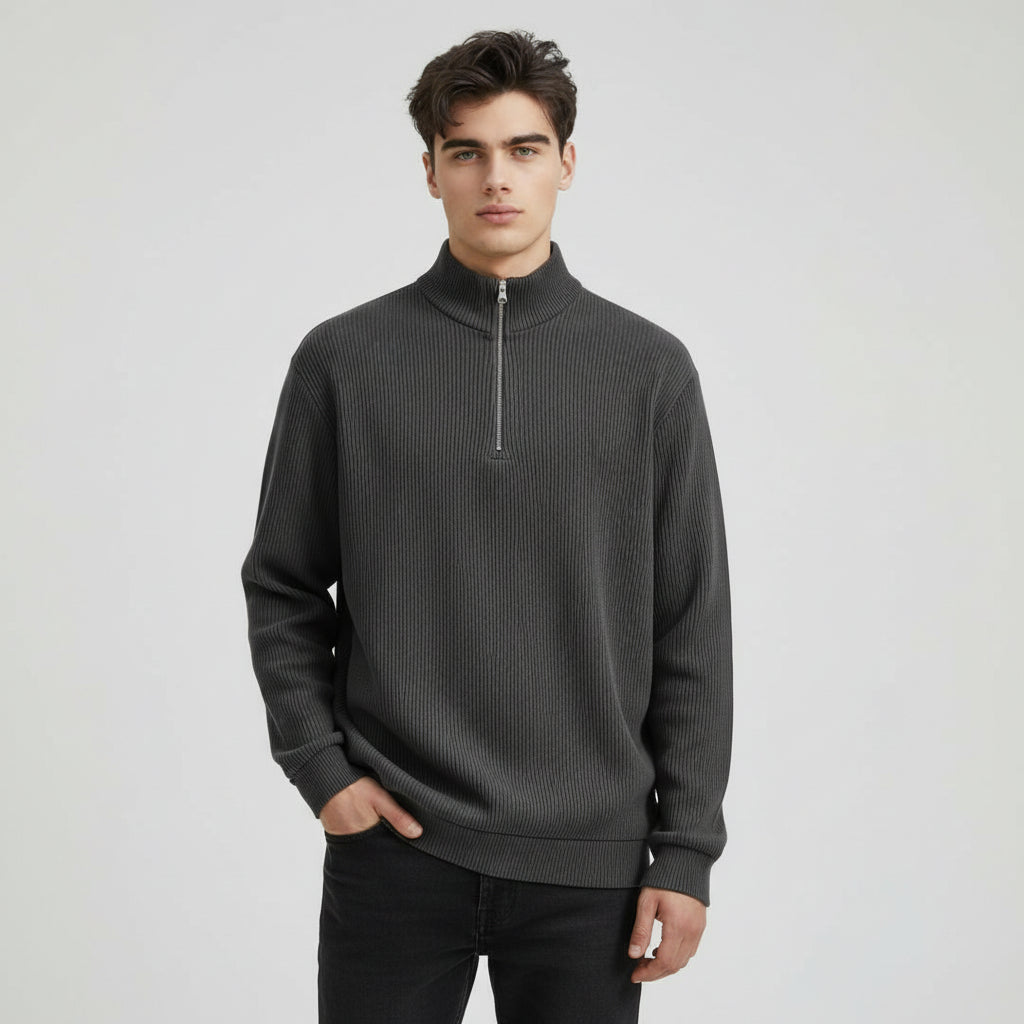 Men’s Casual Long Sleeve Polo Shirt with Zipper Stand Collar-B Unique Fashions