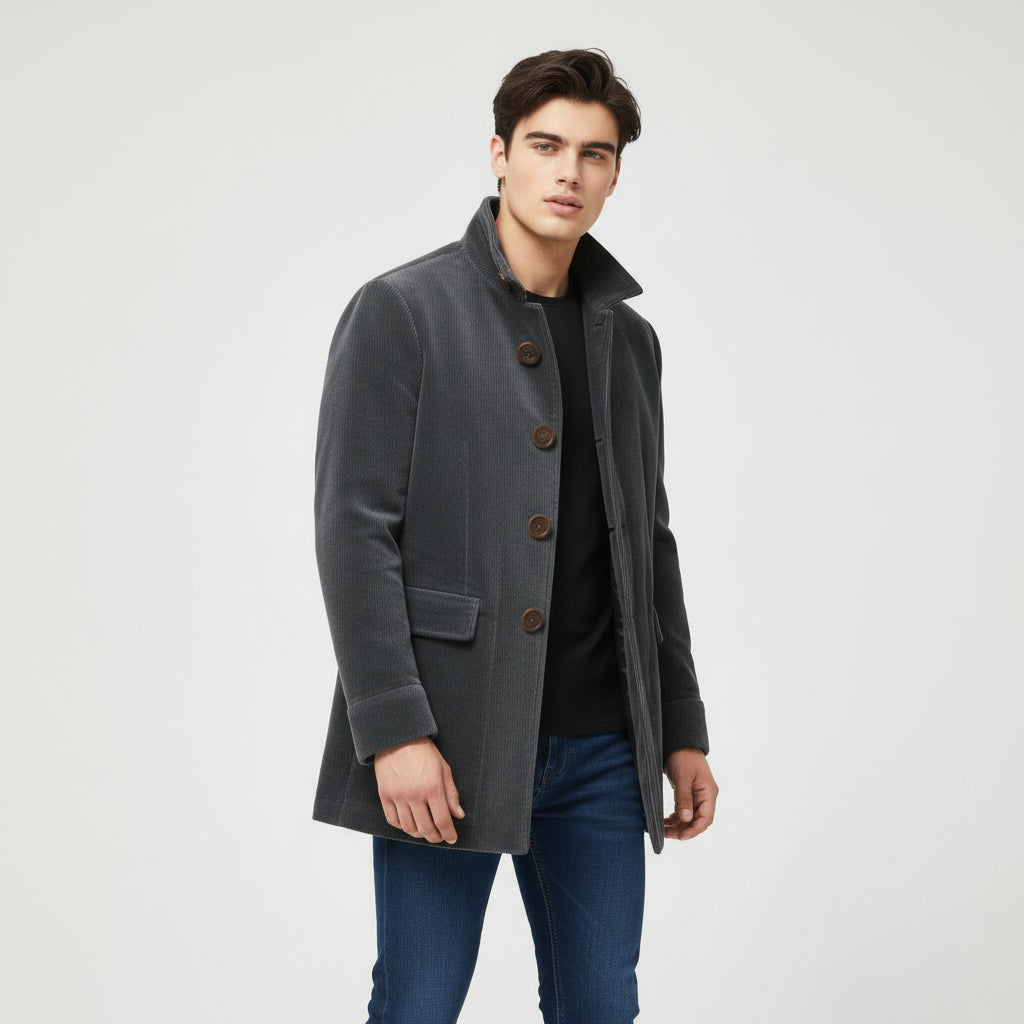 Men's Winter Jacket Stand Collar Button-up Blazer Outerwear-B Unique Fashions