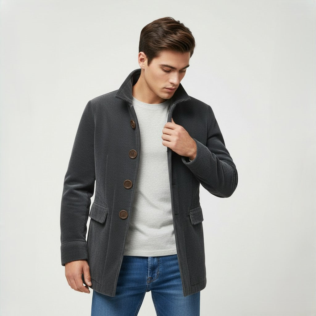 Men's Winter Jacket Stand Collar Button-up Blazer Outerwear-B Unique Fashions
