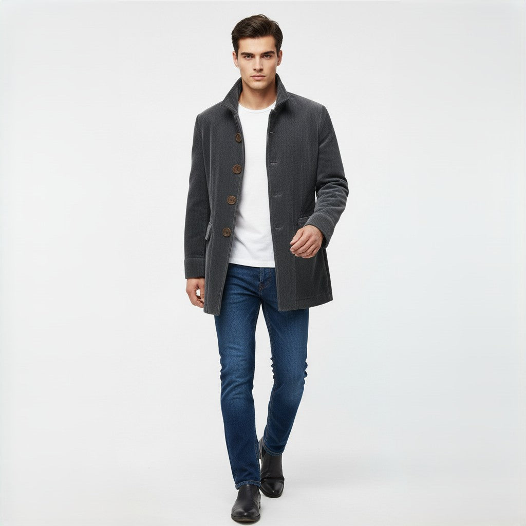 Men's Winter Jacket Stand Collar Button-up Blazer Outerwear-B Unique Fashions