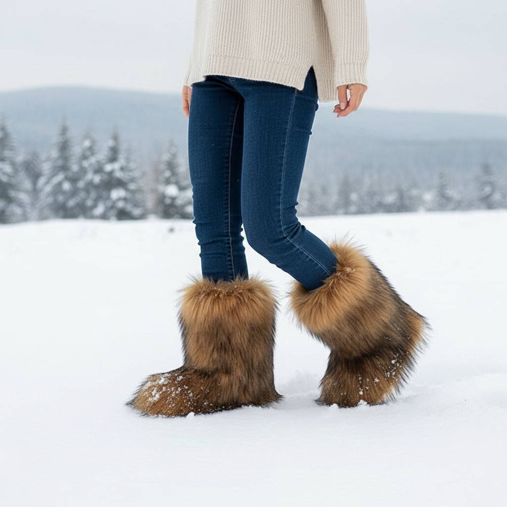 Women's Faux Fur Snow Boots, Fashionable Winter Flat Shoes-B Unique Fashions