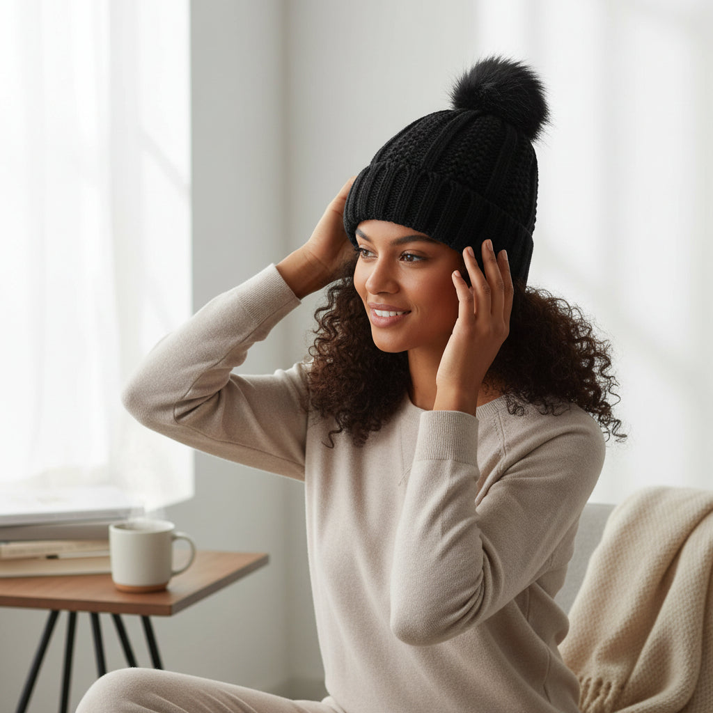 Women’s Knitted Beanie Hat with Faux Fur Pom Pom for Winter-B Unique Fashions