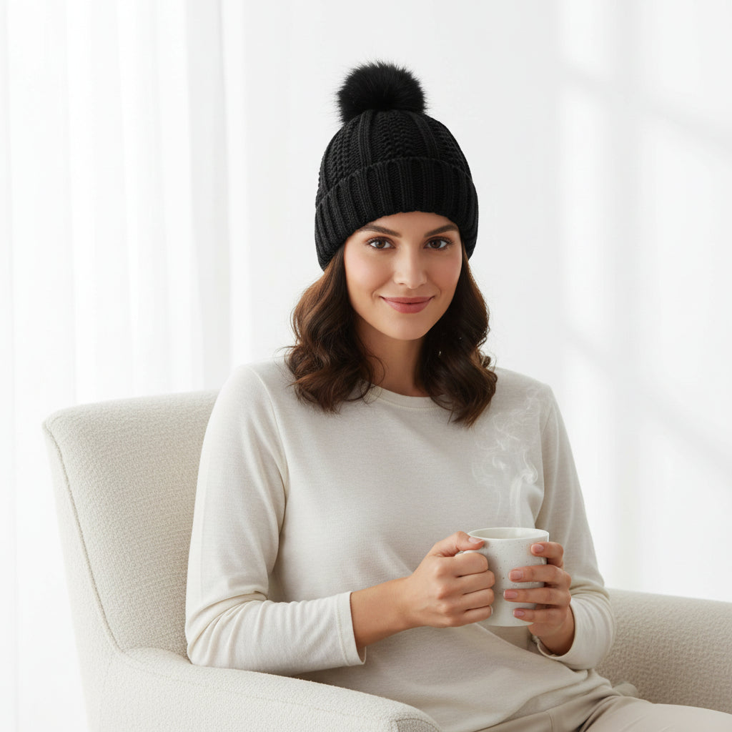 Women’s Knitted Beanie Hat with Faux Fur Pom Pom for Winter-B Unique Fashions