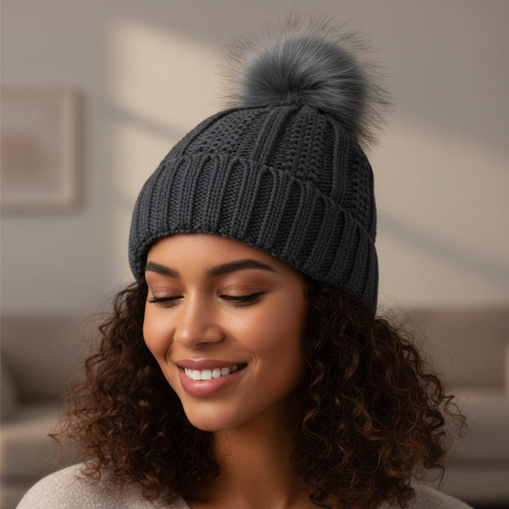 Women’s Knitted Beanie Hat with Faux Fur Pom Pom for Winter-B Unique Fashions