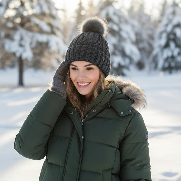 Women’s Knitted Beanie Hat with Faux Fur Pom Pom for Winter-B Unique Fashions