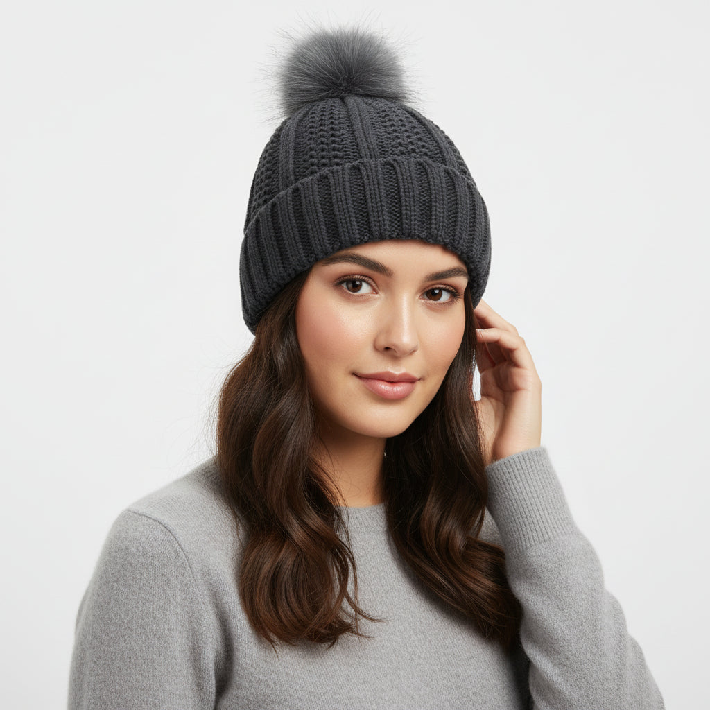 Women’s Knitted Beanie Hat with Faux Fur Pom Pom for Winter-B Unique Fashions