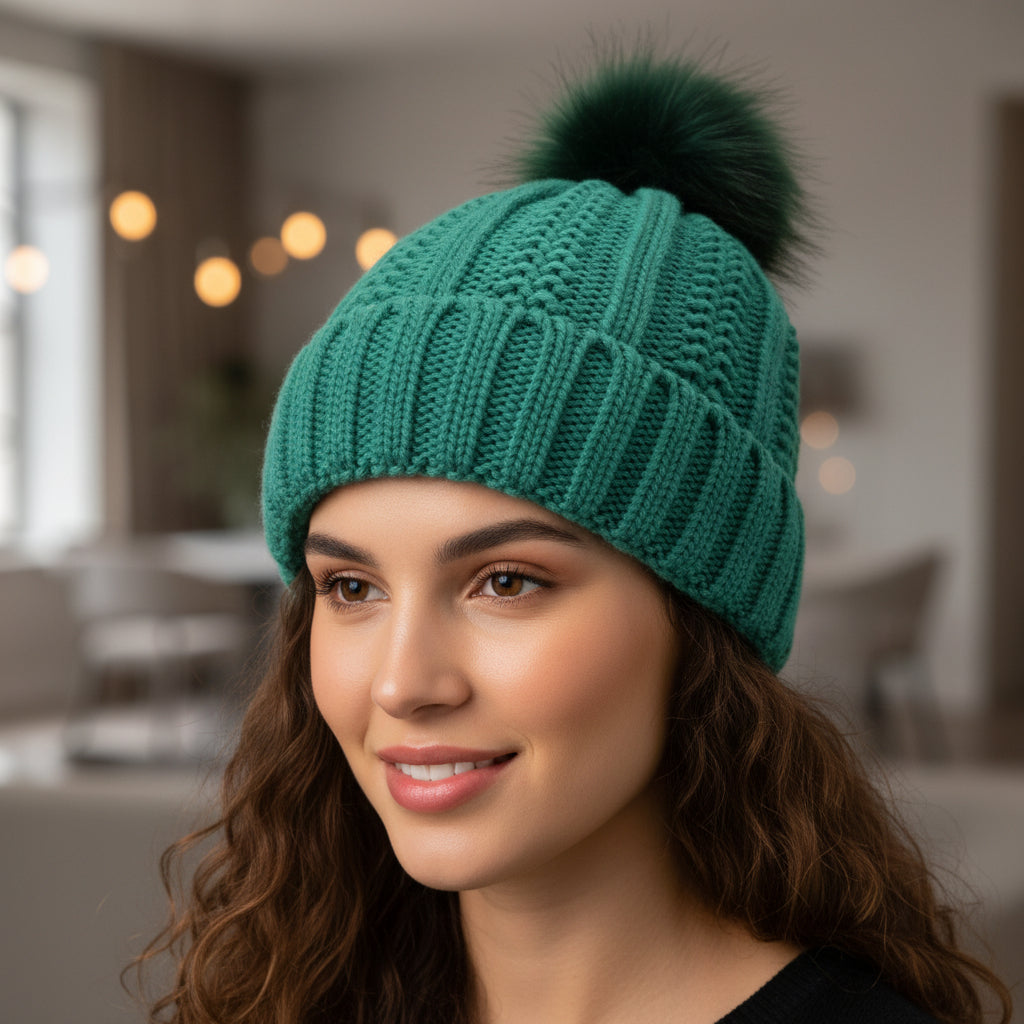 Women’s Knitted Beanie Hat with Faux Fur Pom Pom for Winter-B Unique Fashions