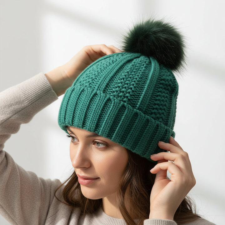 Women’s Knitted Beanie Hat with Faux Fur Pom Pom for Winter-B Unique Fashions