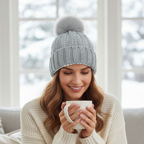 Women’s Knitted Beanie Hat with Faux Fur Pom Pom for Winter-B Unique Fashions