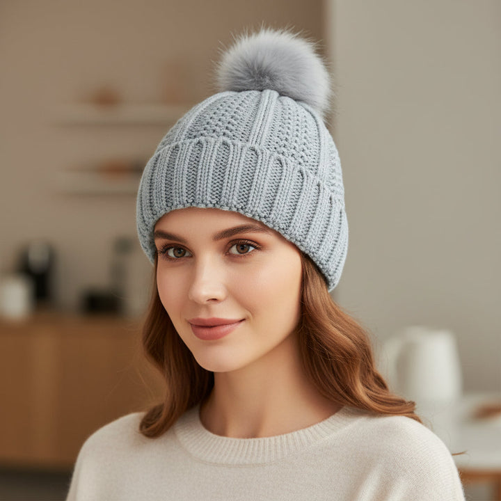 Women’s Knitted Beanie Hat with Faux Fur Pom Pom for Winter-B Unique Fashions