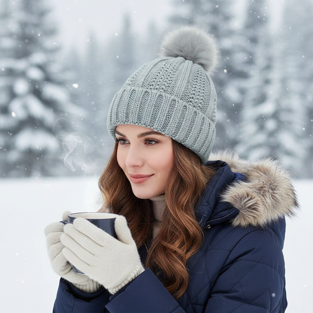 Women’s Knitted Beanie Hat with Faux Fur Pom Pom for Winter-B Unique Fashions