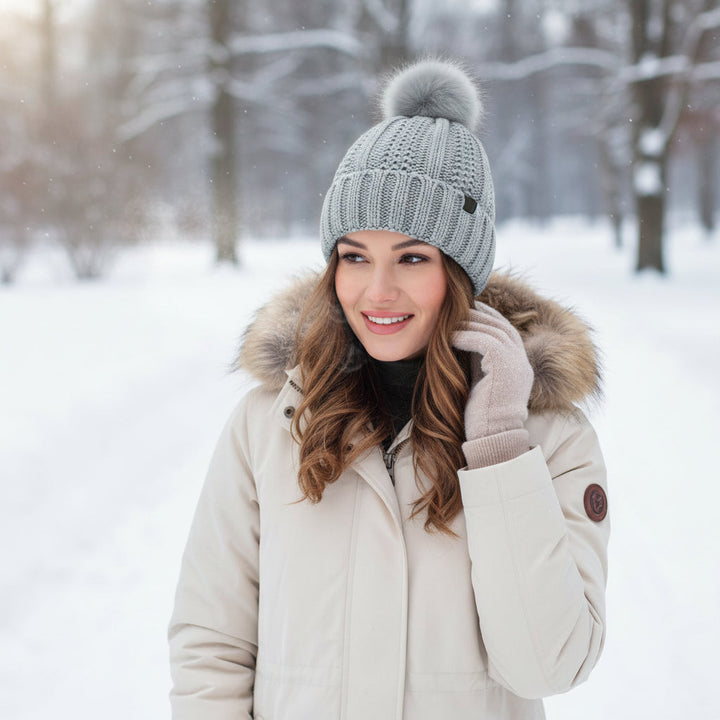 Women’s Knitted Beanie Hat with Faux Fur Pom Pom for Winter-B Unique Fashions