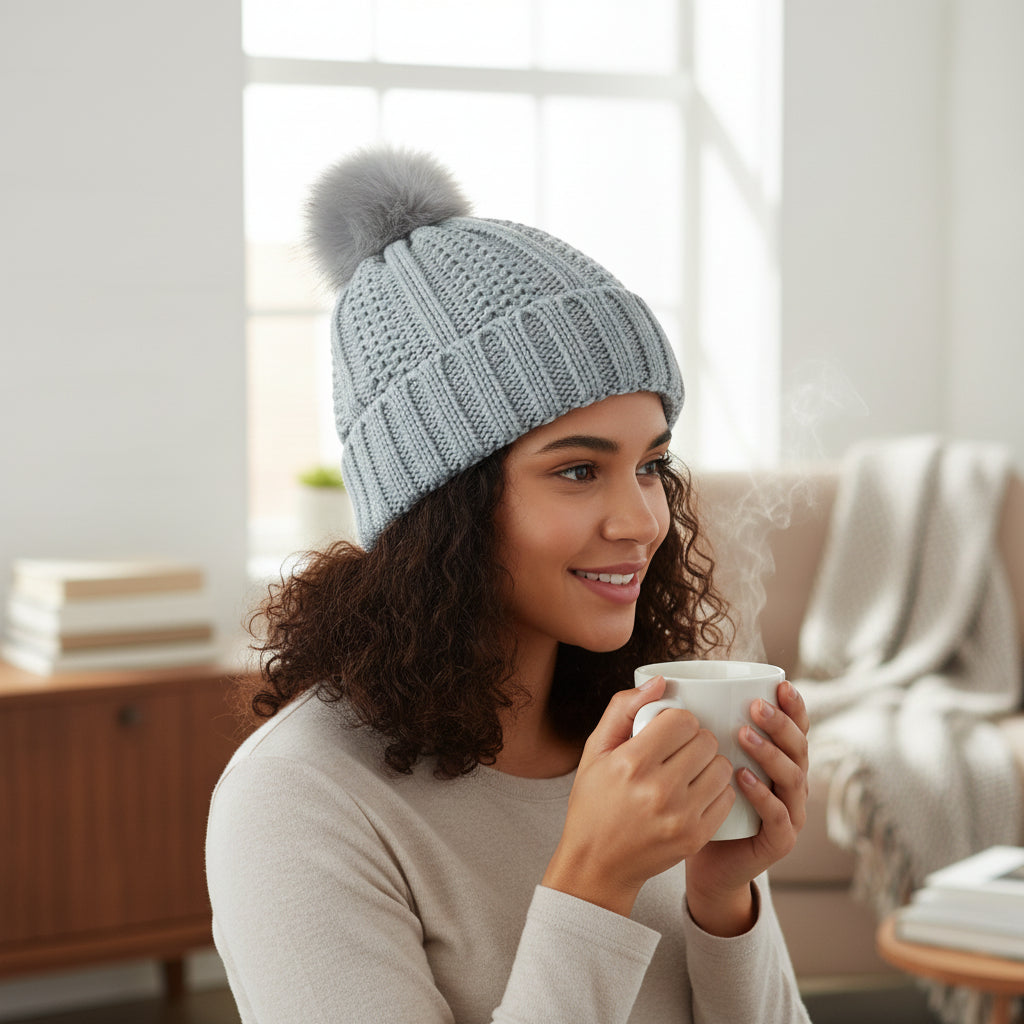 Women’s Knitted Beanie Hat with Faux Fur Pom Pom for Winter-B Unique Fashions