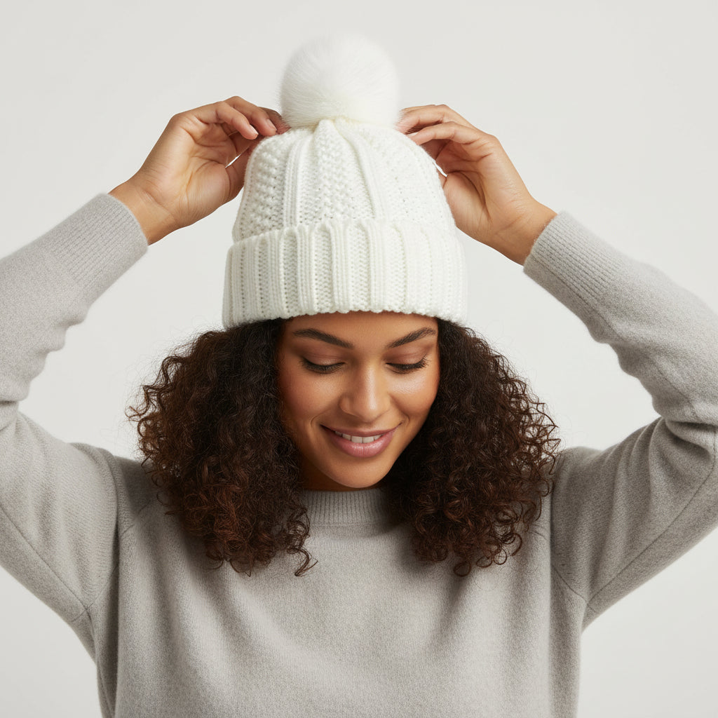 Women’s Knitted Beanie Hat with Faux Fur Pom Pom for Winter-B Unique Fashions