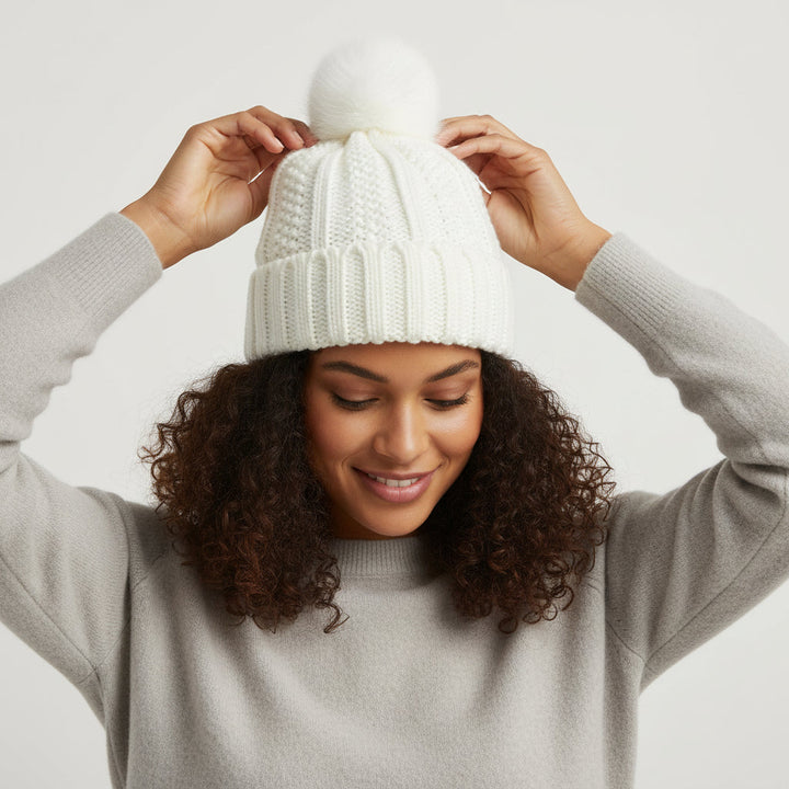 Women’s Knitted Beanie Hat with Faux Fur Pom Pom for Winter-B Unique Fashions