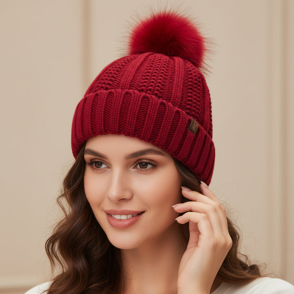 Women’s Knitted Beanie Hat with Faux Fur Pom Pom for Winter-B Unique Fashions