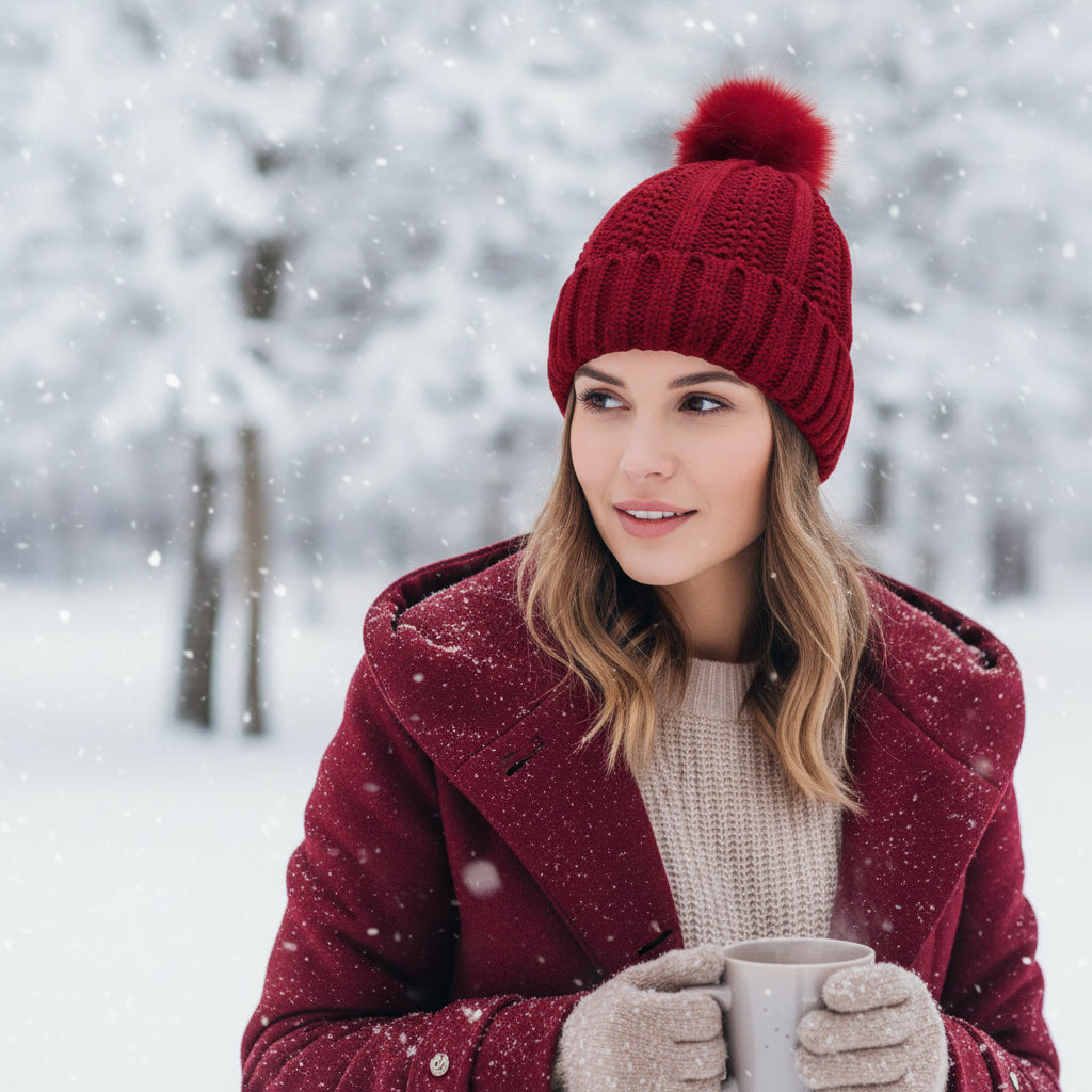 Women’s Knitted Beanie Hat with Faux Fur Pom Pom for Winter-B Unique Fashions