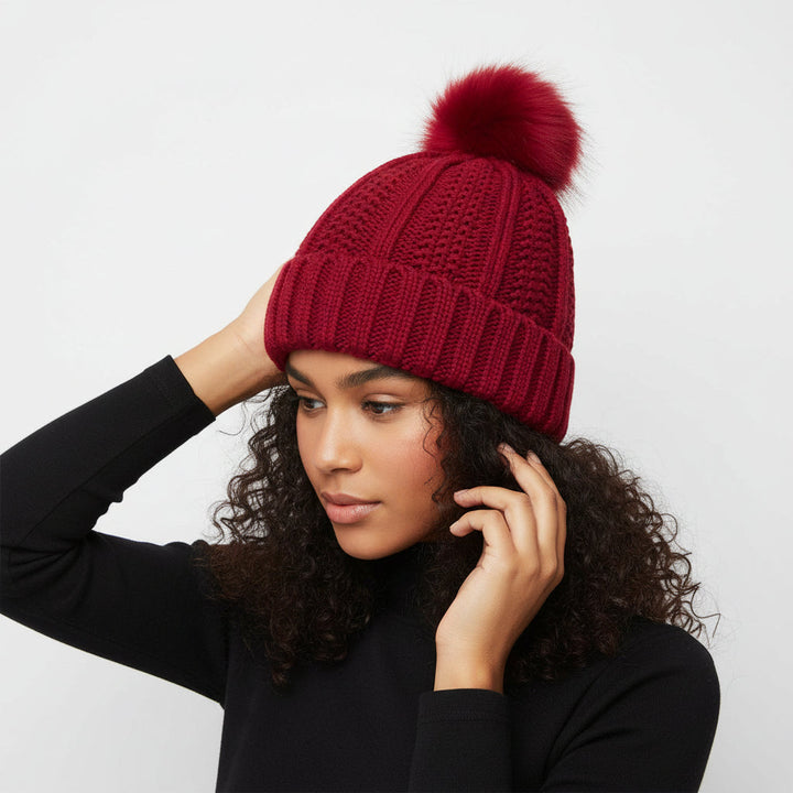 Women’s Knitted Beanie Hat with Faux Fur Pom Pom for Winter-B Unique Fashions