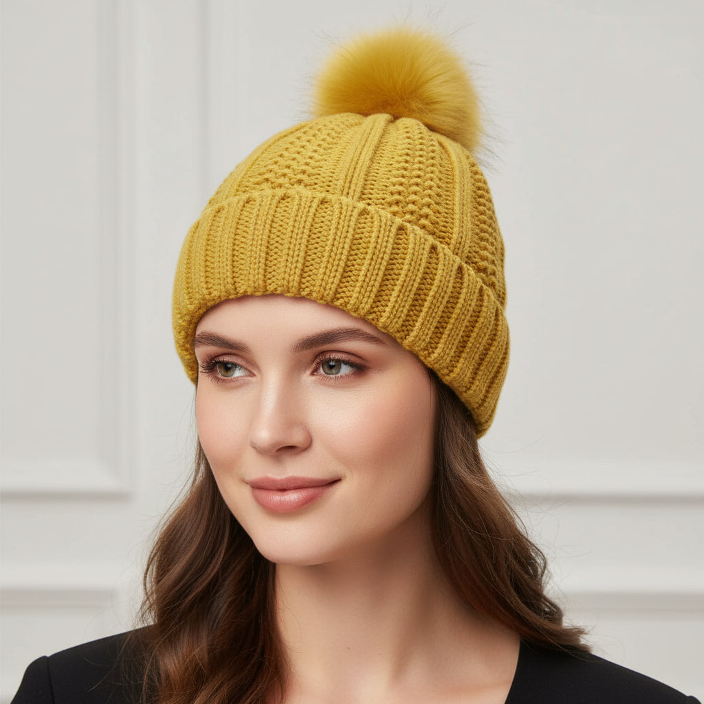 Women’s Knitted Beanie Hat with Faux Fur Pom Pom for Winter-B Unique Fashions