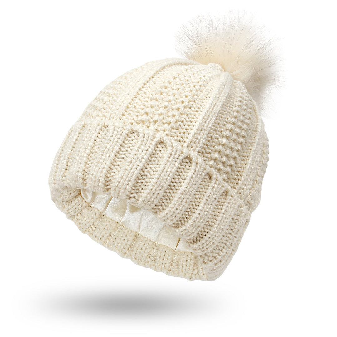 Women’s Knitted Beanie Hat with Faux Fur Pom Pom for Winter-B Unique Fashions