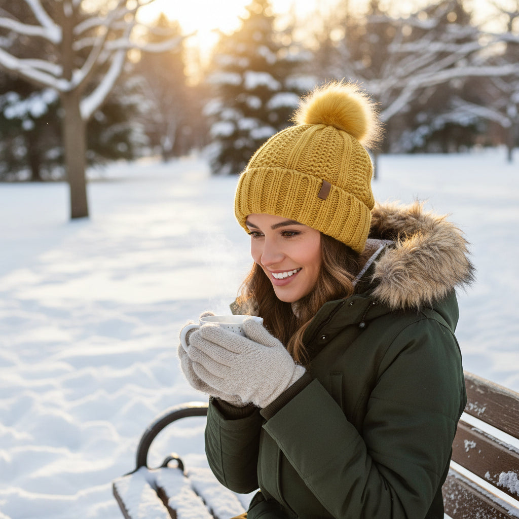 Women’s Knitted Beanie Hat with Faux Fur Pom Pom for Winter-B Unique Fashions
