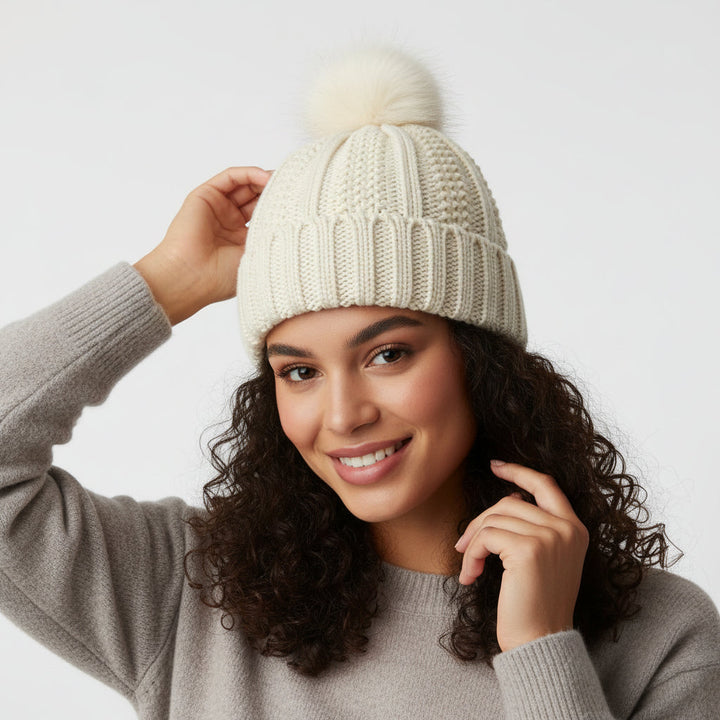 Women’s Knitted Beanie Hat with Faux Fur Pom Pom for Winter-B Unique Fashions