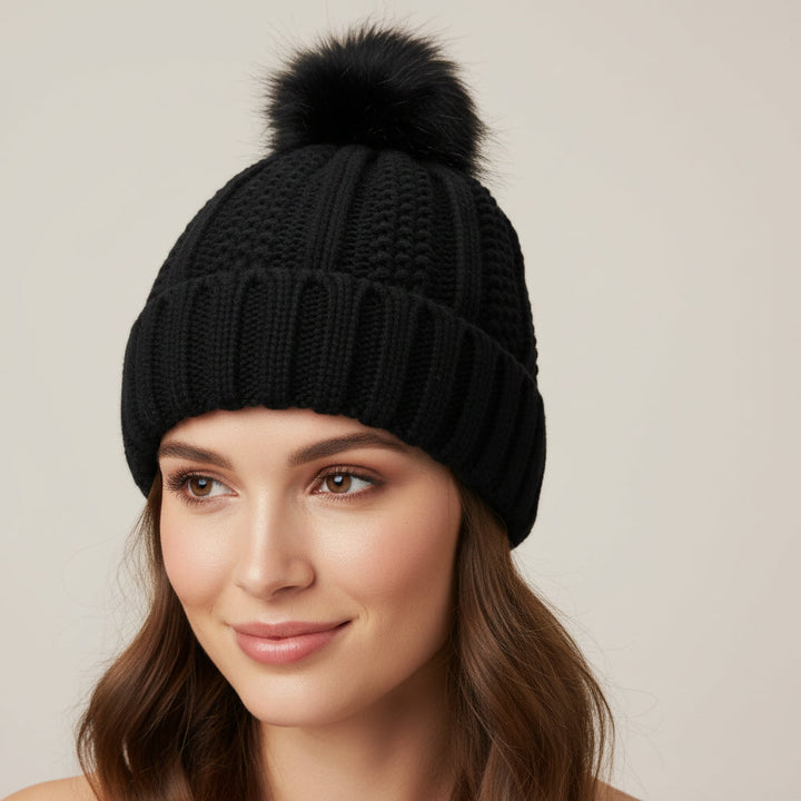 Women’s Knitted Beanie Hat with Faux Fur Pom Pom for Winter-B Unique Fashions