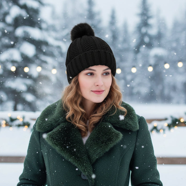 Women’s Knitted Beanie Hat with Faux Fur Pom Pom for Winter-B Unique Fashions