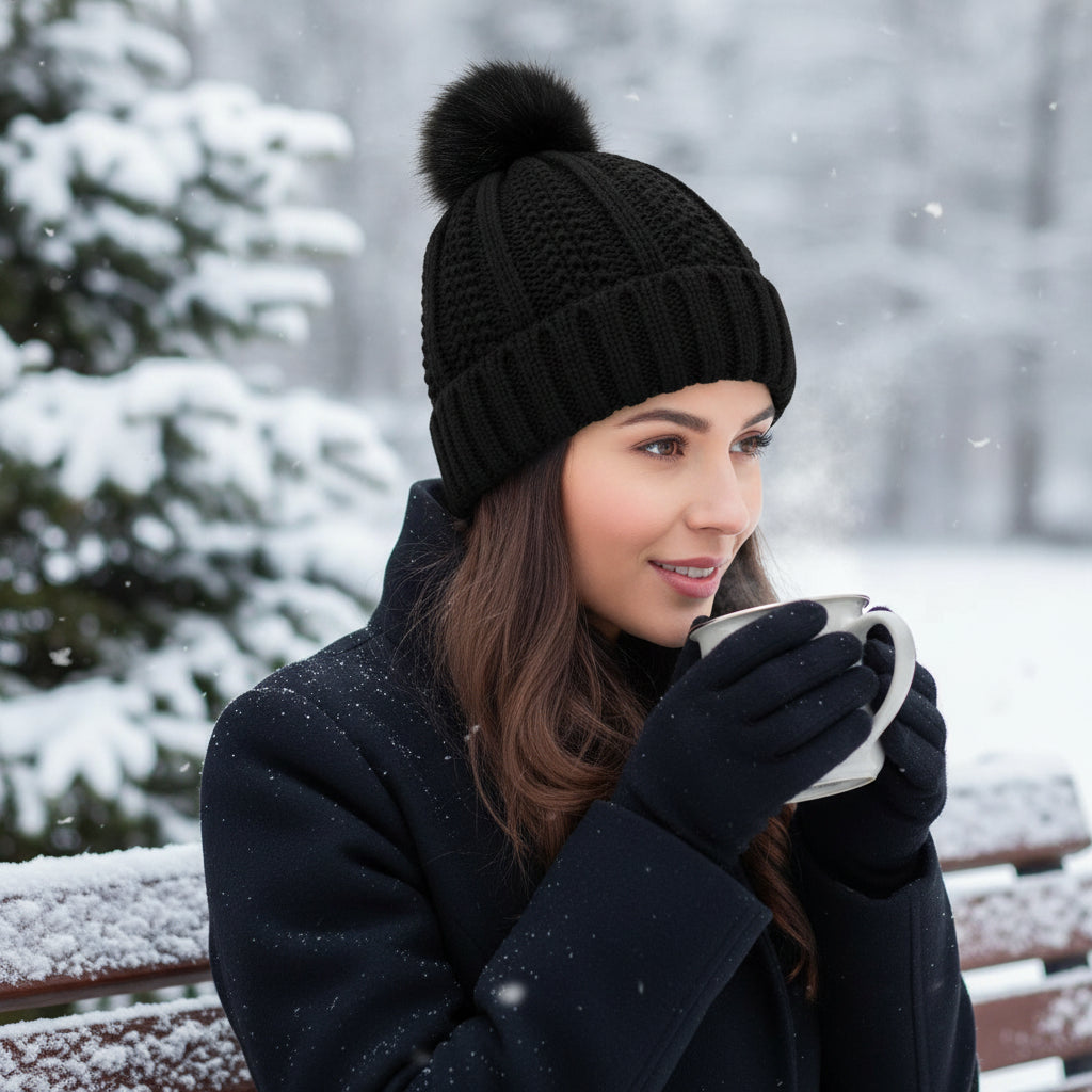 Women’s Knitted Beanie Hat with Faux Fur Pom Pom for Winter-B Unique Fashions