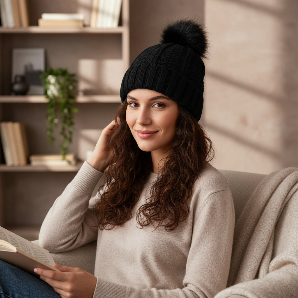 Women’s Knitted Beanie Hat with Faux Fur Pom Pom for Winter-B Unique Fashions
