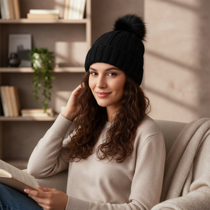 Women’s Knitted Beanie Hat with Faux Fur Pom Pom for Winter-B Unique Fashions