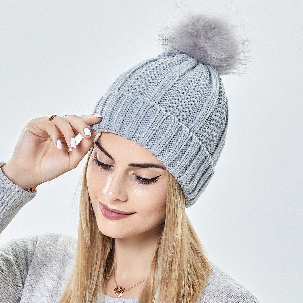 Women’s Knitted Beanie Hat with Faux Fur Pom Pom for Winter-B Unique Fashions