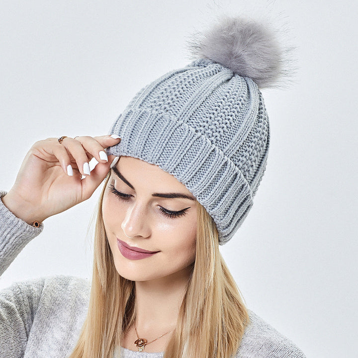 Women’s Knitted Beanie Hat with Faux Fur Pom Pom for Winter-B Unique Fashions