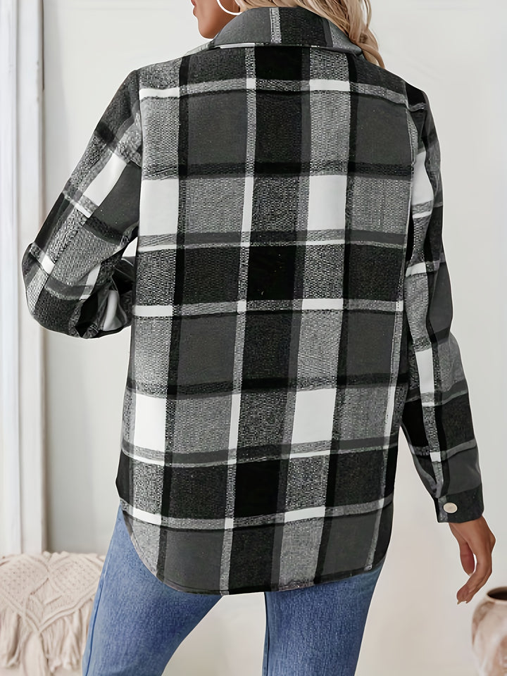 Women's Fleece-Lined Button-Up Shirt with Pockets Gingham Plaid