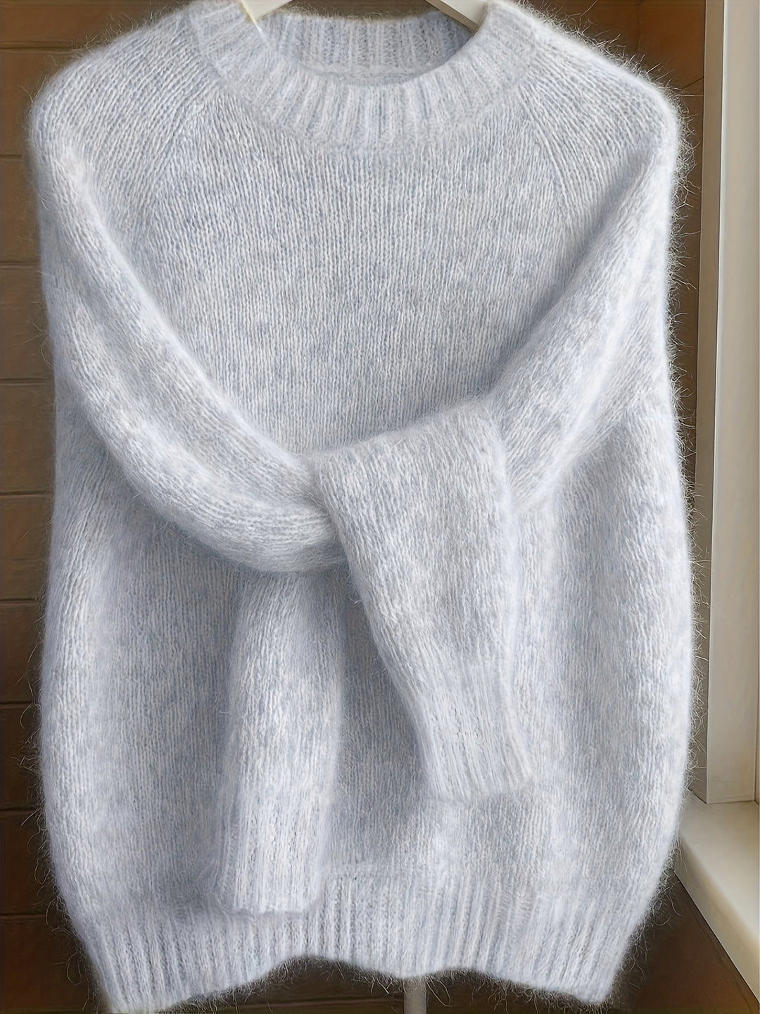 Women's Mohair Blend Sweater with Raglan Sleeve and Drop Shoulder Design