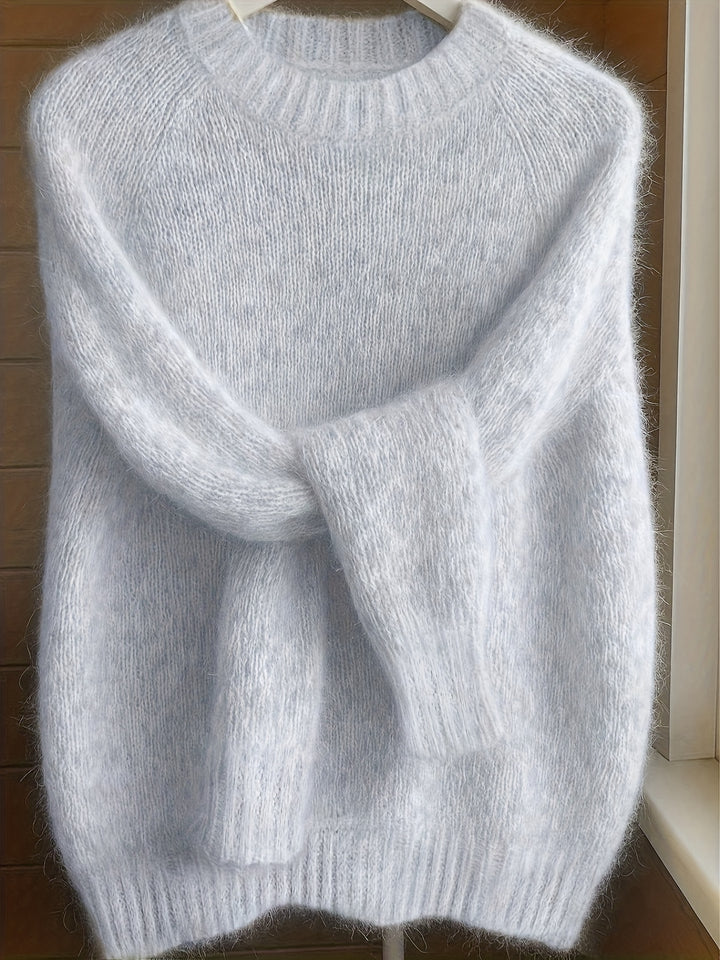 Women's Mohair Blend Sweater with Raglan Sleeve and Drop Shoulder Design