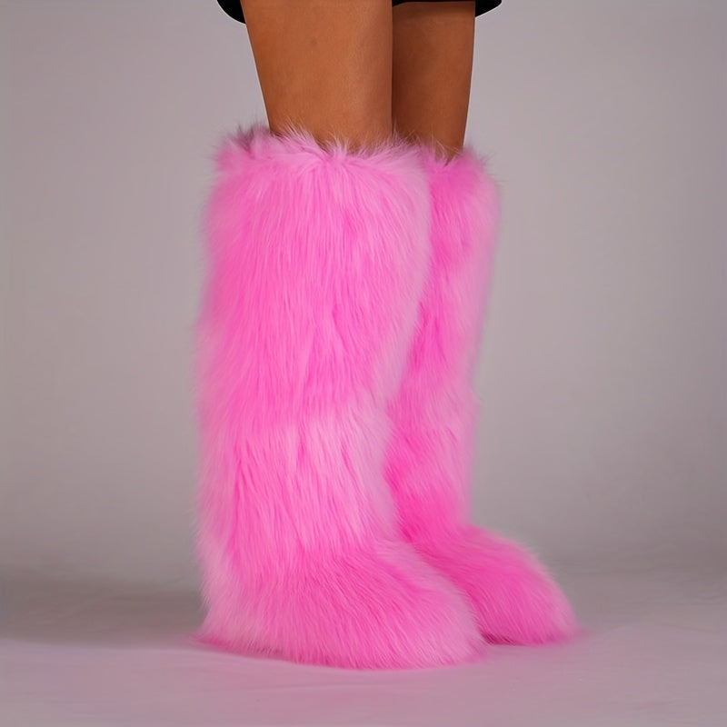Knee-High Faux Fur Winter Boots for Women with Flat Heel and Round Toe