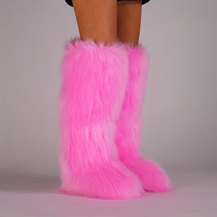 Knee-High Faux Fur Winter Boots for Women with Flat Heel and Round Toe