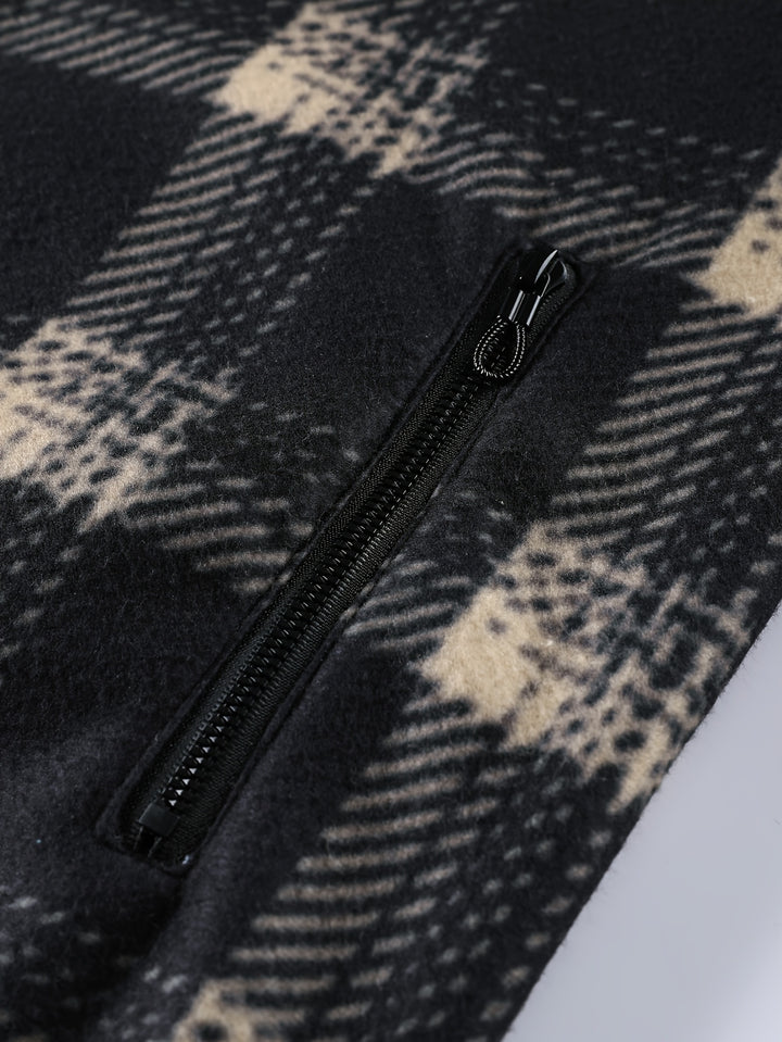 Men's Plaid Fleece-Lined Zip-Up Cardigan with Hood and Pockets