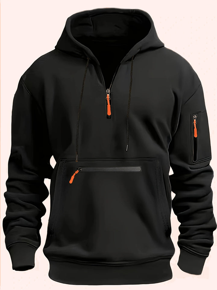 Men's Hooded Half-Zip Sweatshirt with Kangaroo and Zipper Pockets